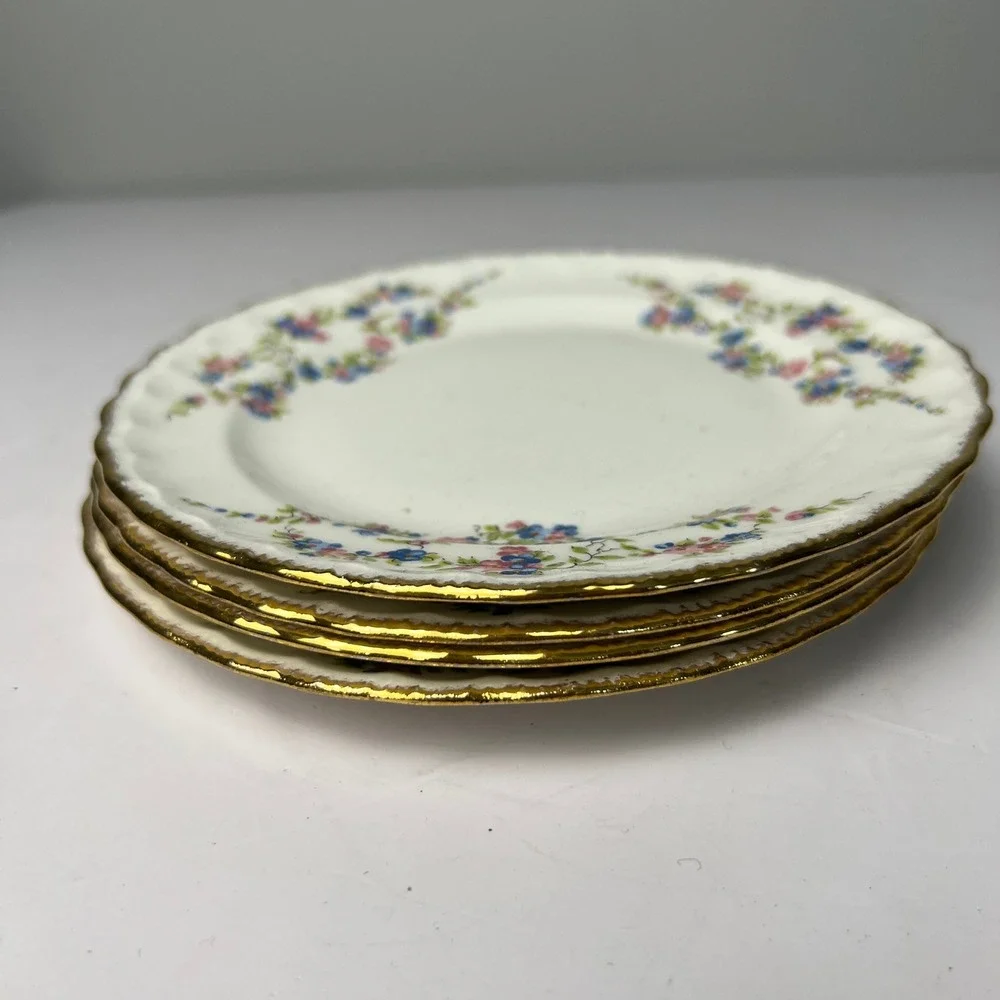 VTG 50s Pope-Gosser Blue Bell Bread Plates Set of 4 White Gold Trim Grandmacore